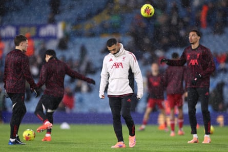 Mohamed Salah of Liverpool looks at the pitch during the warm-up before the Leeds match