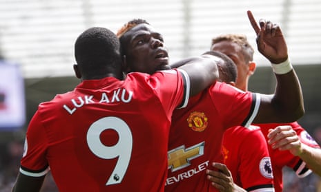 Paul Pogba celebrates after scoring Manchester United’s third goal.
