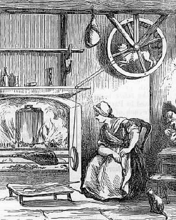 An illustration showing a rotisserie dog working inside a wheel near the ceiling