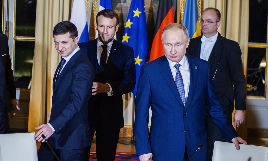 Volodymyr Zelenskiy, French president Emmanuel Macron and Vladimir Putin at the Normandy Format summit, Paris, France in 2019.