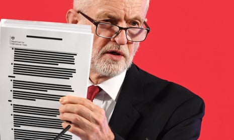 Jeremy Corbyn with redacted documents of secret trade talks