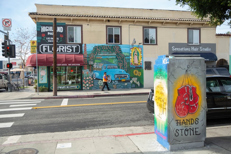 A mural on the wall of the Highland Park Florist in Los Angeles was painted by Rodolfo Cardona in 2018.