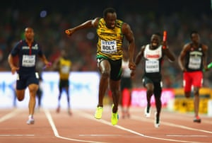 Usain Bolt wins gold in the men’s 4x100 metres relay final at the IAAF World Athletics Championships in Beijing, August 2015.