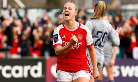Arsenal's Beth Mead celebrates scoring the second goal against Everton in the WSL victory at Meadow Park