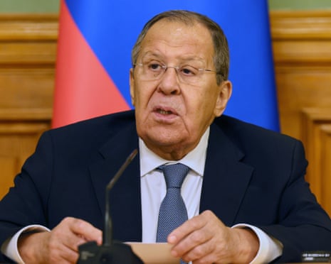 Russian foreign minister Sergei Lavrov speaks to the media at a joint news conference with Ethiopian minister of foreign affairs Gedion Timotheos after their talks at Zinaida Morozova's Mansion in Moscow, Russia, 21 October 2025.