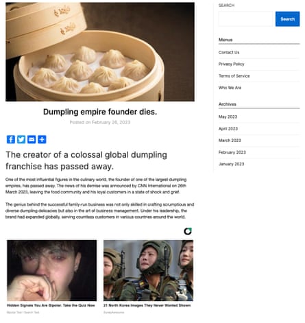 A story on the death of a dumpling tycoon failed to mention his name.