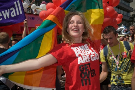 A woman wears a Stonewall T-shirt at Pride in London in 2008.