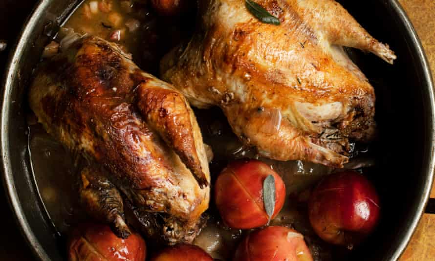  roast pheasant with apples and cider.