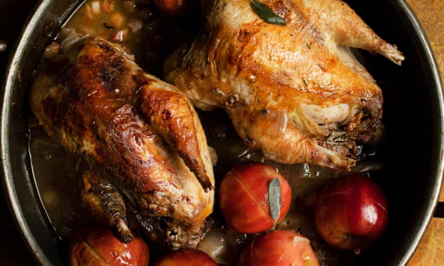 ‘Served with a soupy sauce of cider, bacon and sage’: roast pheasant with apples and cider.