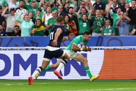 Ireland’s Hugo Keenan scores their second try against Scotland.