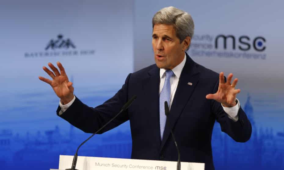 The US secretary of state, John Kerry, gestures during his speech at the Security Conference in Munich, Germany, on Saturday.