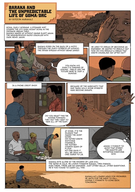 A page from a graphic novel under the heading ‘Baraka and the Unpredictable Life of Goma/DRC’