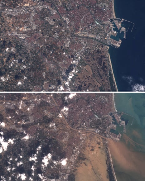 Satellite images obtained from Sentinel Hub showing Valencia after flash flooding took place