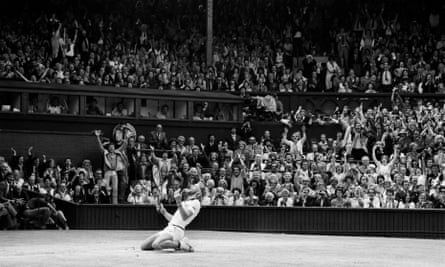 Bjorn Borg drops to his knees after defeating John McEnroe to become men’s singles champion at Wimbledon for a fifth successive year.