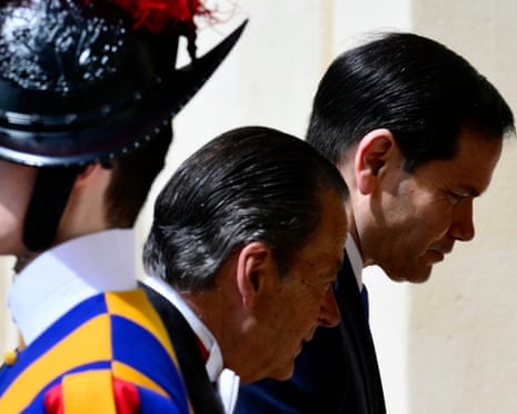 US secretary of state Marco Rubio arrives at San Damaso courtyard in The Vatican prior a private audience with Pope Leo XIV.