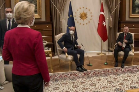 Charles Michel (centre), watched by Von der Leyen, takes the only seat for a meeting with the Turkish president