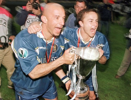 Gianluca Vialli and Dennis Wise celebrate after winning the Cup Winners’ Cup final in 1998.