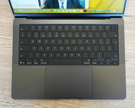 The keyboard and trackpad of the MacBook Pro.