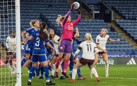 Leicester goalkeeper Janina Leitzig claims the ball as the Foxes are put under pressure during their defeat to Manchester City.