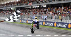 Rossi celebrates another crown with Yamaha. Third place at the Malaysian MotoGP at Sepang, in October 2009, clinched the title.
