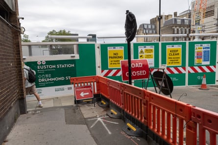 HS2 building works at Euston station at the end of Drummond Street.