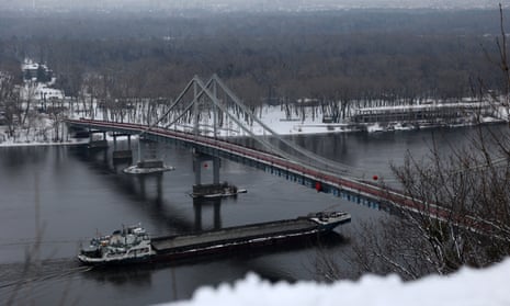 A cargo ship on the Dnipro River in Kyiv.