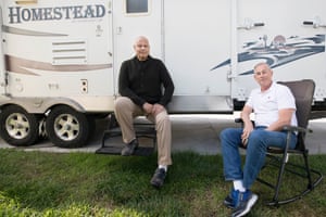 Dave Schulman with his friend Clay Epperson outside Dave’s trailer in Fullerton, Orange County.