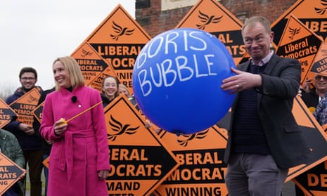 Liberal Democrats Helen Morgan and Tim Farron at a rally in Oswestry, Shropshire, after her victory in the North Shropshire byelection, 17 December 2021