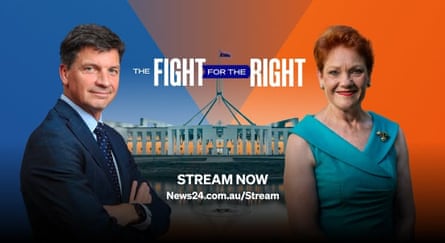 Artwork for News24 “The fight for the right” show with images of Pauline Hanson and Angus Taylor