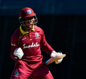 Hetmyer celebrates his century.