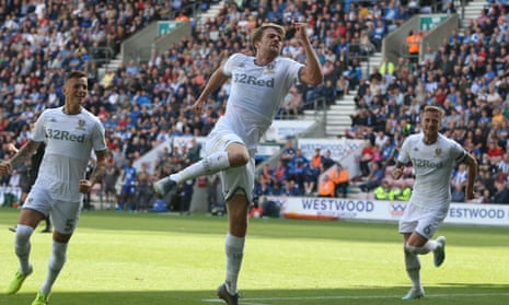 Leeds United’s Patrick Bamford celebrates scoring his and his side’s second goal against Wigan. 