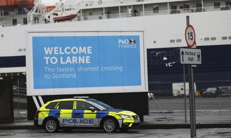 Police patrol the port of Larne, Northern Ireland