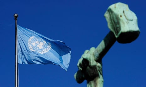 The UN flag waves near a bronze by the Soviet sculptor Yevgeny Vuchetich outside UN headquarters in New York