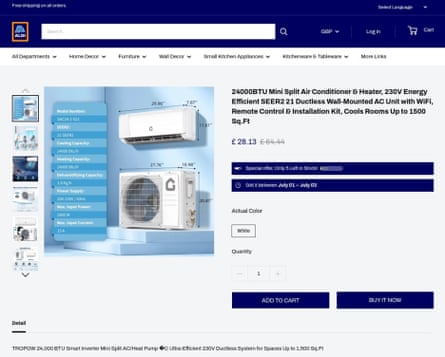 Wall-mounted air conditioning units on a fake Aldi webpage