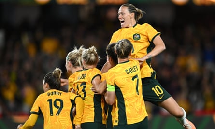 Mary Fowler of the Matildas (centre) celebrates scoring a goal during a recent friendly against France at Marvel Stadium in Melbourne last Friday