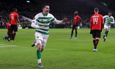 Lewis Morgan of Celtic celebrates after he scores his sides first goal.