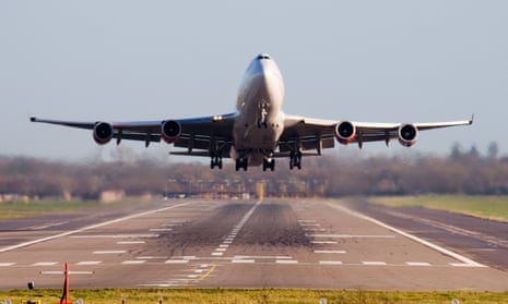 A photo of a Boeing 747 400 Jumbo jet airliner taking off from London Gatwick airport.