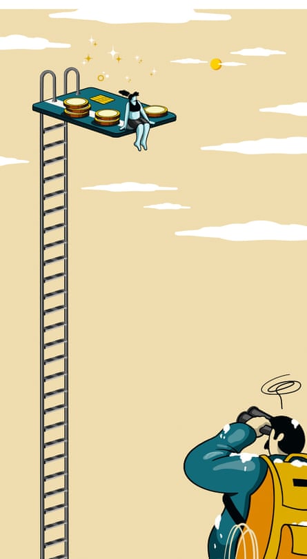 Illustration of a woman sitting surrounded by money on a high diving board, and a man below looking up at her with binoculars
