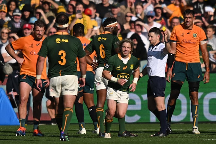 Faf de Klerk of the Springboks (centre) is shown a yellow card during the Rugby Championship Test match between the Australian Wallabies and the South African Springboks at Adelaide Oval in Adelaide.