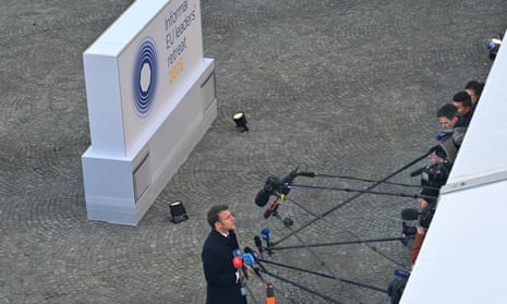 France's president Emmanuel Macron speaks to the press as he arrives for an informal EU leaders' retreat at the Palais d'Egmont in Brussels.