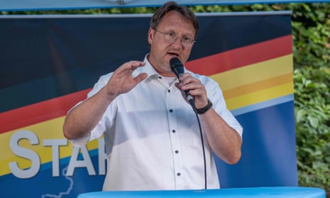 Robert Sesselmann of Alternative für Deutschland  speaks at an election event in Sonneberg on Sunday