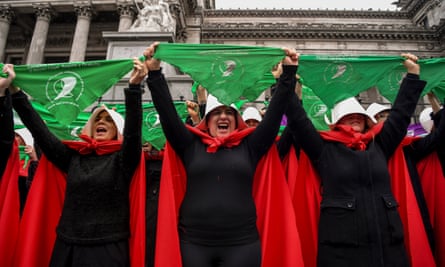 Activists outside Argentina’s national congress, where they read a letter from Margaret Atwood last week.