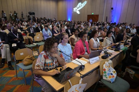 Participants attend a plenary session of the International Conference on the Just Transition Away from Fossil Fuels in Santa Marta.