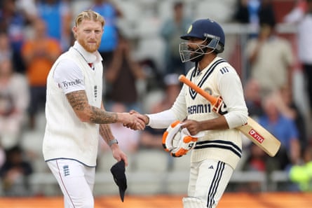 Ben Stokes and Ravindra Jadeja finally shake hands on a draw in the fourth Test at Old Trafford.