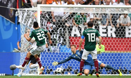 Hirving Lozano fires the ball inside Manuel Neuer’s near post to put Mexico ahead.