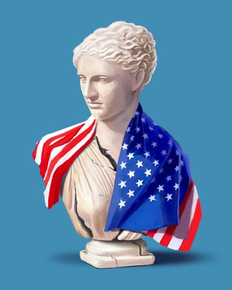 a white female bust with an american flag draped on its shoulders