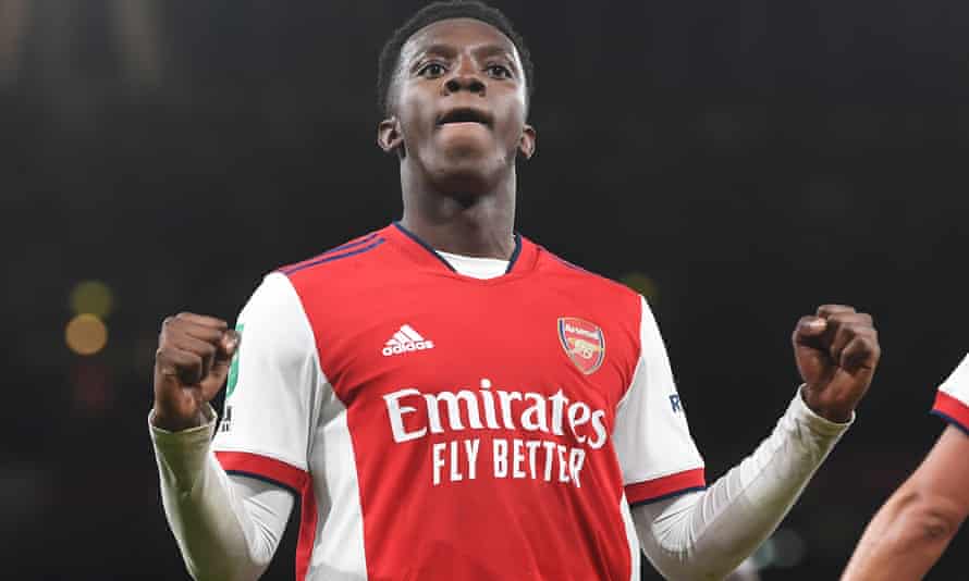 Eddie Nketiah celebrates scoring Arsenal’s second to put the match beyond Leeds.