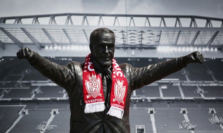 A “champions” scarf on the statue of Bill Shankly outside Anfield