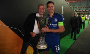 Chelsea owner Roman Abramovich and Cesar Azpilicueta celebrate with the Europa League trophy.