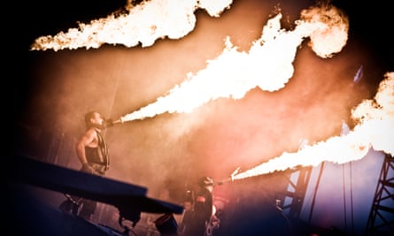 The German industrial metal band Rammstein performs a live concert at Copenhagen Live 2010 at Tioren, Denmark.